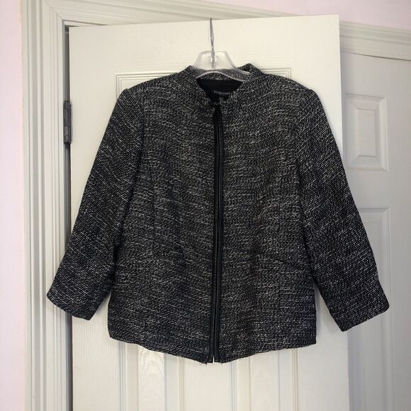 Eileen Fisher Womans Petite Med Tweed Linen Jacket Black Leather Trim Classic‎ - Picture 1 of 8